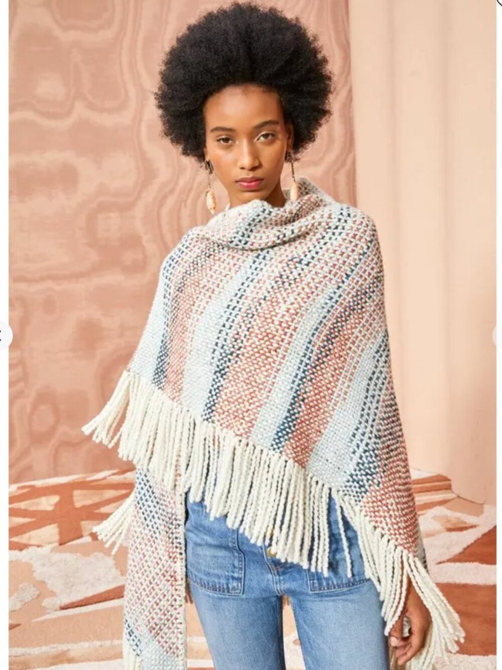 Ulla Johnson Martina Shawl Wrap Cape Womens OS Blue Cream Wool Crochet Fringe